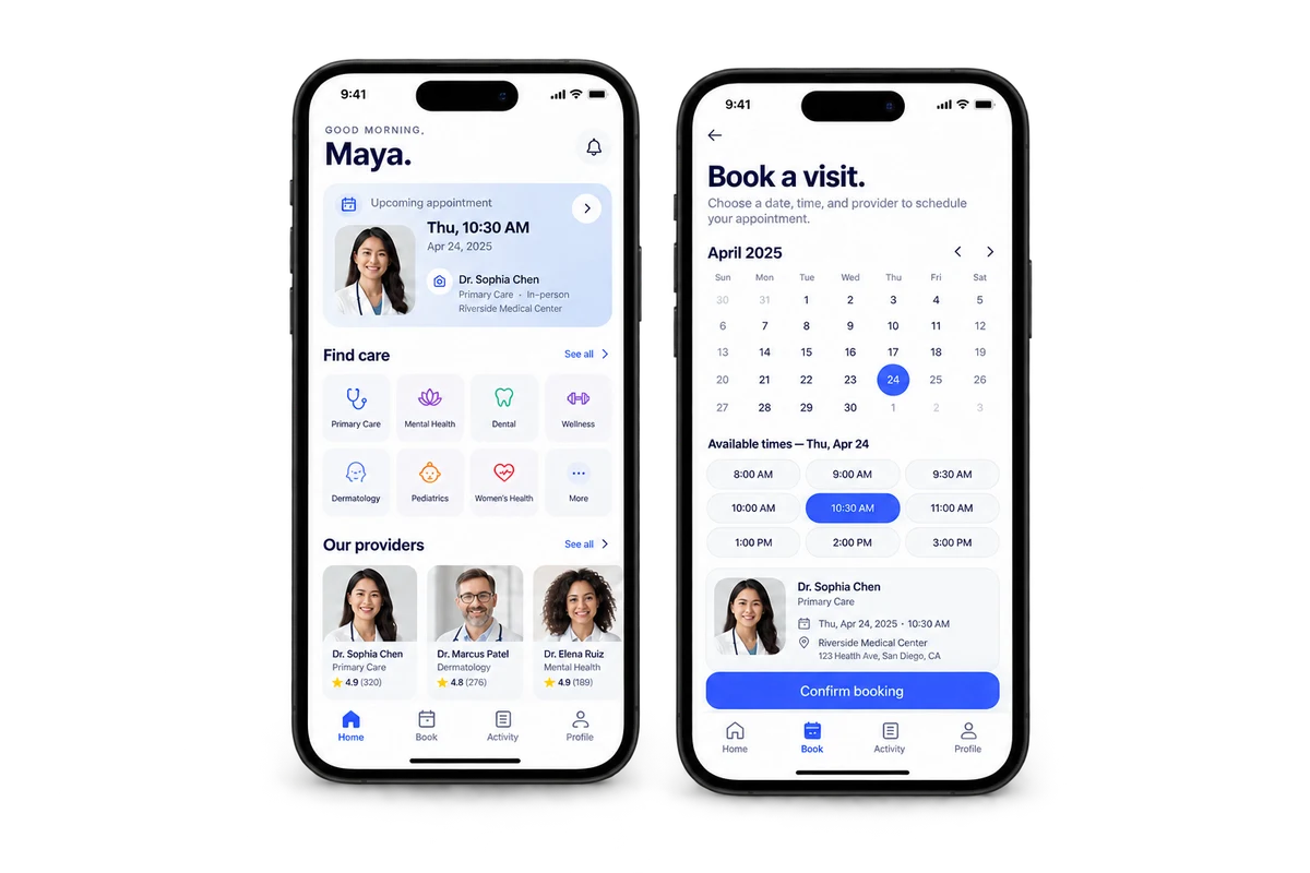 Illustrative appointment booking mobile app screens.