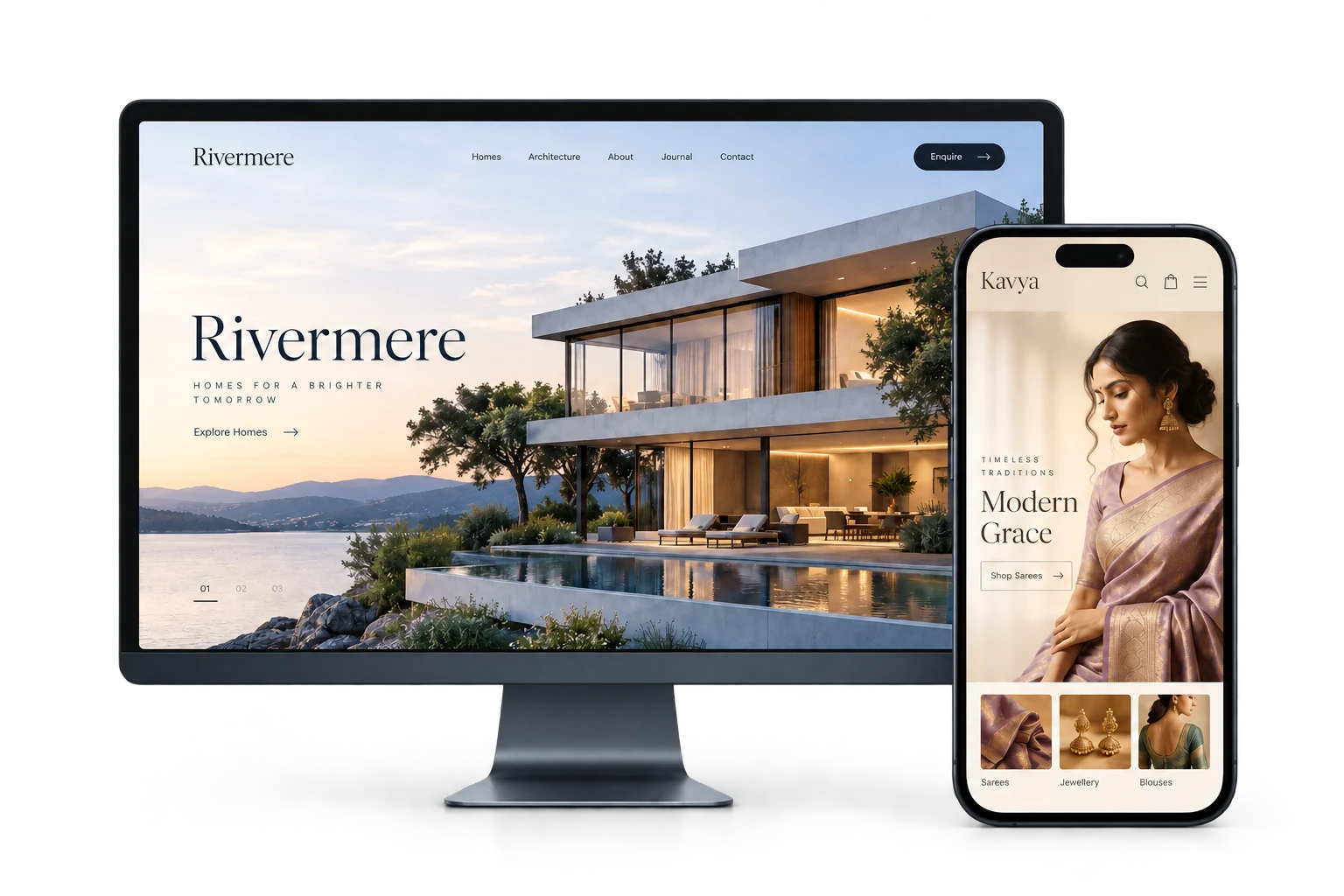 Concept previews of an architecture website on desktop and an ethnic fashion store on mobile.