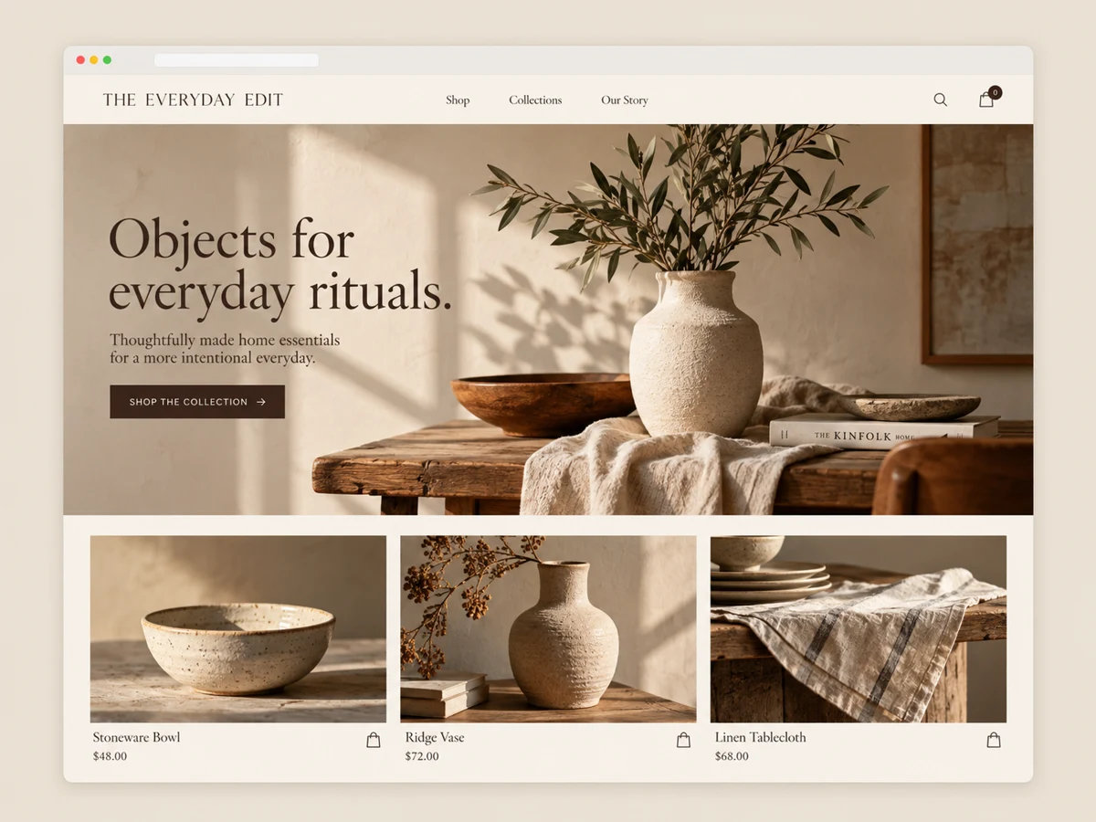 Illustrative online store interface for a fictional homeware brand.